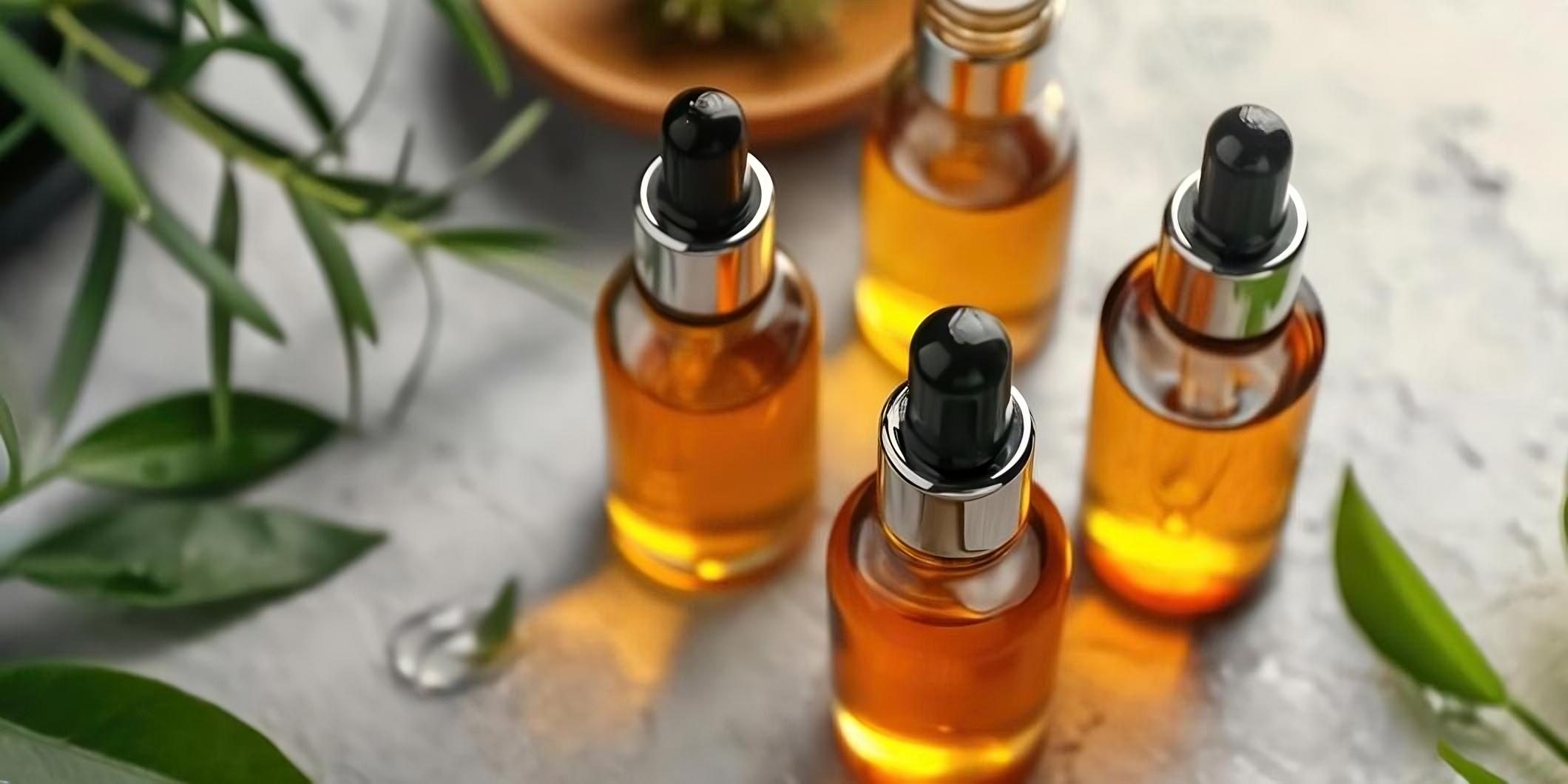 Four glass dropper bottles with amber liquid on a light surface with green leaves.