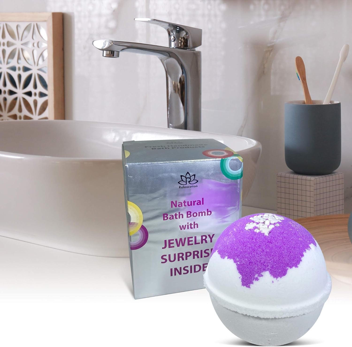 Bath Bomb with Surprise Bear Necklace inside - Skin Moisturizing Natural Ingredients Safe for Kids - Bath Bomb with Bear Jewelry inside for Women