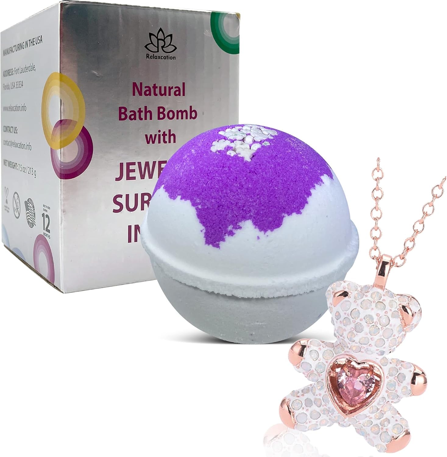 Bath Bomb with Surprise Bear Necklace inside - Skin Moisturizing Natural Ingredients Safe for Kids - Bath Bomb with Bear Jewelry inside for Women